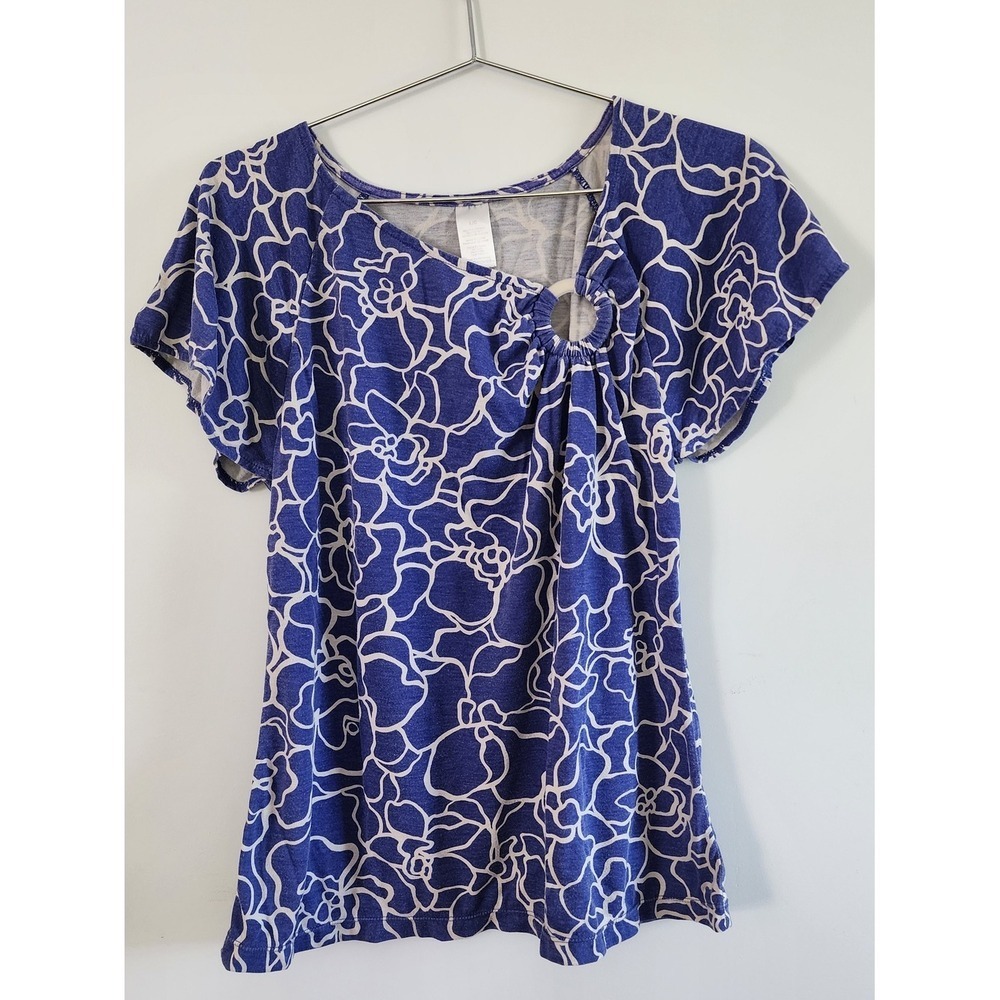 Catherines Floral O-Ring Blouse‎ Women Large Washed Blue Summer Casual Boho Top